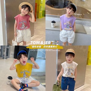 พร้อมส่ง  เสื้อกั๊กเด็กผู้ชาย  เสื้อยืดแขนกุด แบบบาง ทรงหลวม สไตล์ตะวันตก แฟชั่นฤดูร้อน