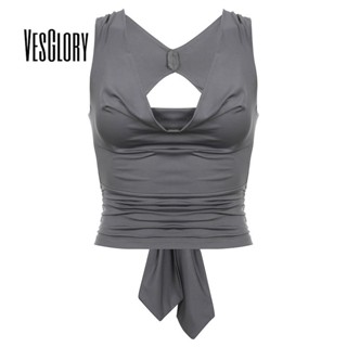 Vesglory เสื้อกล้าม คอวี แต่งจับจีบ เปิดหลังเซ็กซี่ สีพื้น แฟชั่นสําหรับสตรี