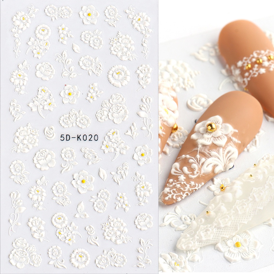 5D-K020 สีขาวนูนดอกไม้ลูกไม้เล็บ Sliders 3D 立体Rose & Delicate Butterfly Accents Elegant งานแต่งงาน,เจ้าสาวและญี่ปุ่น-Inspired เล็บ Decals สําหรับ 3D เล็บออกแบบ