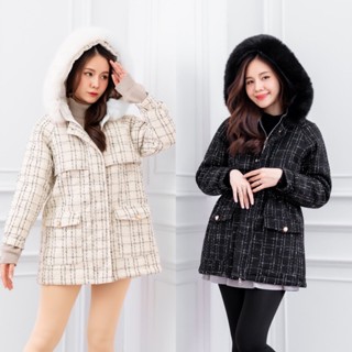 CO84 TWEED COAT FUR เสื้อโค้ทผ้าทวิตแต่งฮู้ดเฟอร์ ด้านในบุกันลม