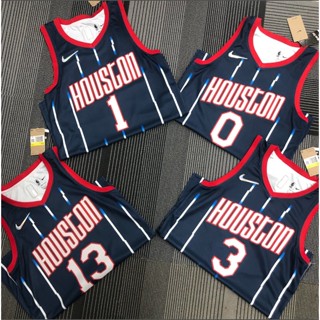 【Hot Pressed】จรวด NBA Houston 2022 0 # สีเขียว 1 #3 #13 # เสื้อกีฬาบาสเก็ตบอล ลายทาง สีฟ้า