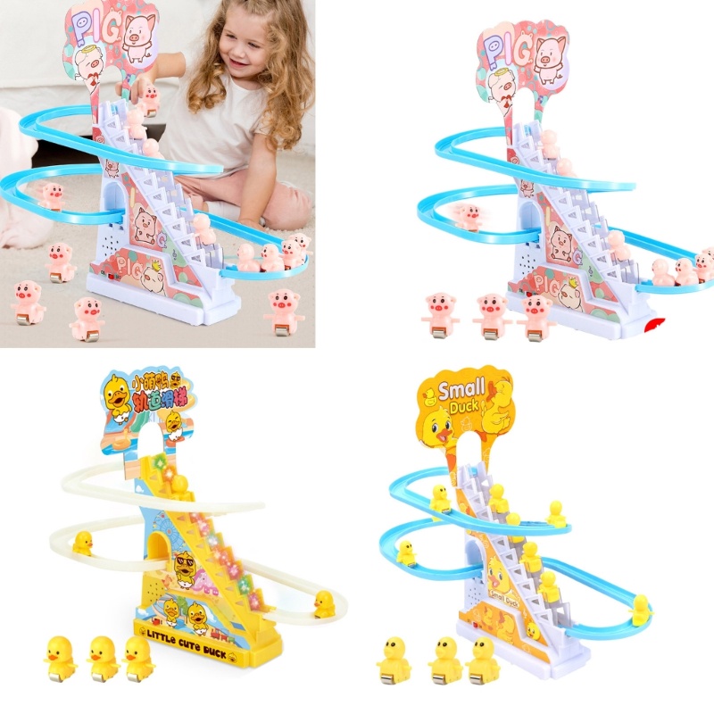 CON DIY ไฟฟ้าเป็ดขนาดเล็กปีนบันได Race Track ของเล่น Duck Roller Coaster