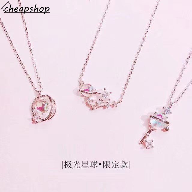 IFYOU Sweet Planet Key Meteor Rain Necklace Pink Gem Rose Gold Pendant Chain Choker for Women Jewelry Accessories
