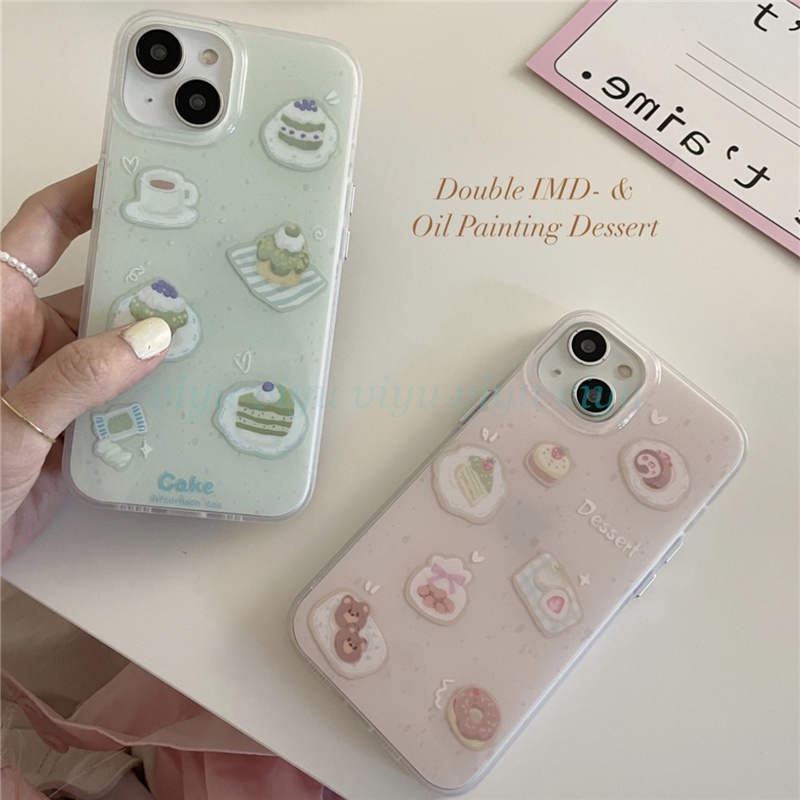 เคสโทรศัพท์เข้ากันได้สําหรับ iPhone ภาพสีน้ํามันขนมฟิล์มสองชั้นครอบคลุมเคส iPhone IMD 14 14Pro 14plu