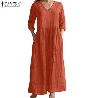 ZANZEA Women Europe Daily Casual Long Sleeve V Neck Solid Dress