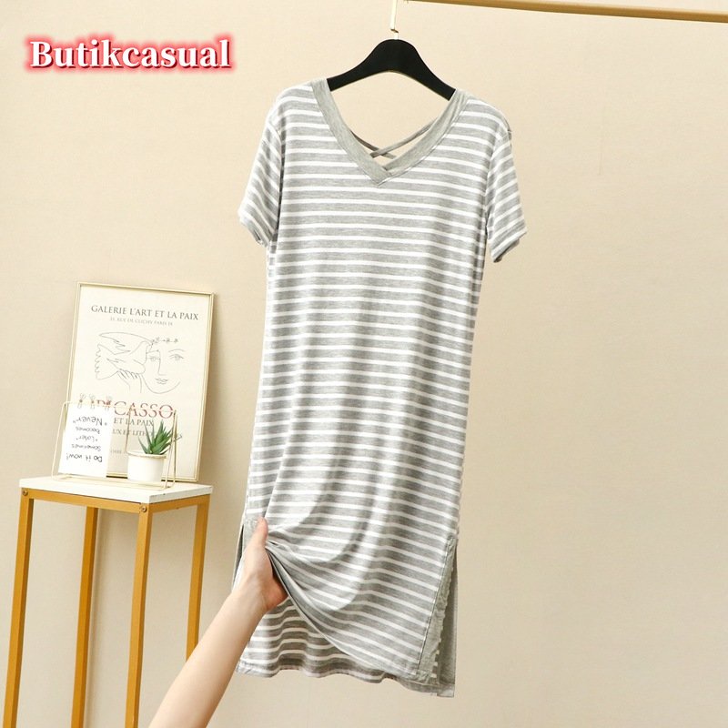 ผู้หญิง Modal Cotton striped dress หลวมธรรมดาชุด Loungewear V คอ 2025 ฤดูร้อน midi ชุด ราคา ถูกที่สุด ดีลบีเคเค แกลเลอรีภาพที่ 4