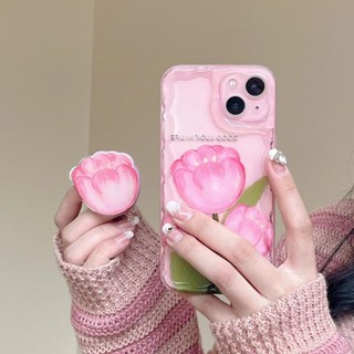 เคสโทรศัพท์มือถือแบบใส ลายดอกทิวลิป สีชมพู พร้อมขาตั้ง สําหรับ iPhone 11 12 12Pro 12Promax 13 13Pro 13Promax 14 14Pro 14Promax 11