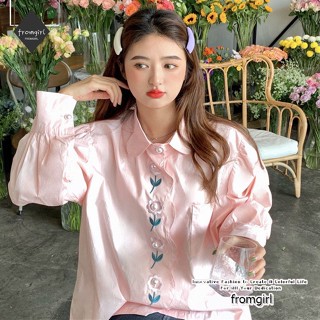 เสื้อเชิ้ตแขนยาว ปักลายดอกไม้ สีขาว แฟชั่นฤดูใบไม้ผลิ สําหรับผู้หญิง 2023