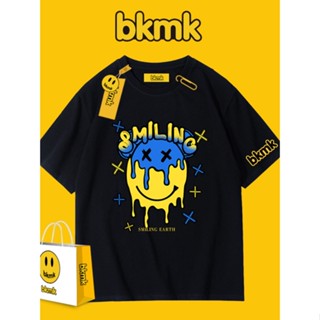 Bkmk เสื้อยืด พิมพ์ลายหน้ายิ้ม แนวสตรีท แฟชั่นฤดูใบไม้ผลิ และฤดูใบไม้ร่วง