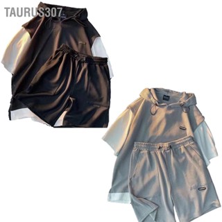 Taurus307 ผู้ชายมีฮู้ดสั้น T เสื้อกางเกงสูทหลวมสบายแฟชั่นผิวที่เป็นมิตรชายสั้น เสื้อสูท