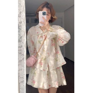 🍹ย้อนยุคลายดอกไม้เสื้อแขนยาว+กระโปรงสั้น  ตรีมฝรั่งเศษ ชุด 2 ชิ้น