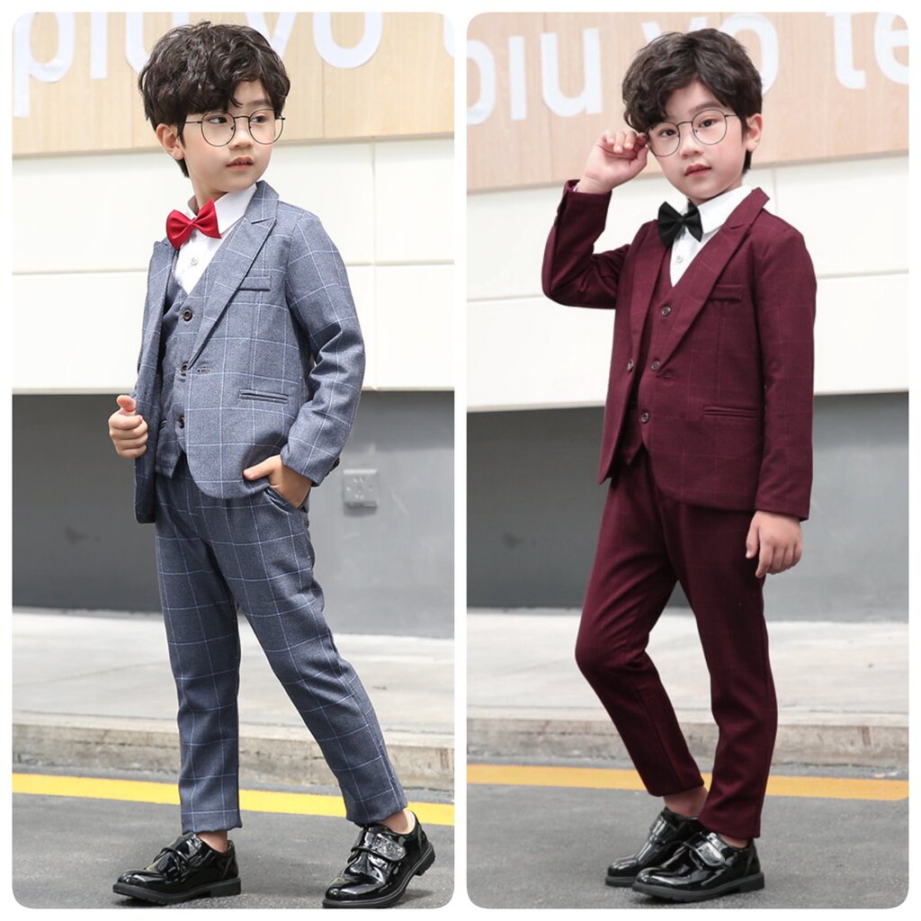 Bset0113- พร้อมส่งจากไทย ชุดออกงานเด็กชายครบเซท 4 ชิ้น ครบชุดสูทเด็กชายสีเทา และสีแดงเข้มเหมือนแบบ เนื้อผ้าสวย มีเสื้...