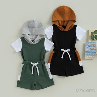 Babygarden-0-3y ชุดเสื้อผ้าเด็กผู้ชาย เสื้อกล้าม มีฮู้ด + กางเกงขาสั้น สีตัดกัน