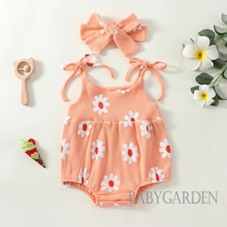 Babygarden-3-24m ชุดรอมเปอร์ แขนกุด พิมพ์ลายดอกไม้ + ที่คาดผม ยืดหยุ่น สําหรับเด็กผู้หญิง