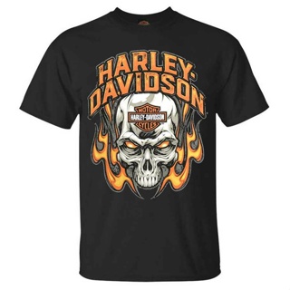ขายGILDAN เสื้อยืดแขนสั้น คอกลม พิมพ์ลายหัวกะโหลก Harley Davidson สีดํา สําหรับผู้ชาย（S-5XL）