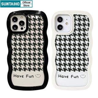 Suntaiho เคสโทรศัพท์มือถือ TPU นิ่ม กันกระแทก ลายตารางหยักนก สีขาวดํา แฟชั่น สําหรับ iPhone 11 Pro 14 Pro Max 12 13 Pro XR XS Max 7 Plus 8 Plus