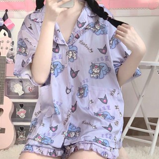 Kuromi Melody Kitty ชุดนอนสตรี ชุดนอนน่ารัก ผ้าฝ้าย นุ่มมาก สินค้ามีพร้อมส่ง ชุดนอนเสื้อคอปก แขนสั้นและกาง เกงขายาว