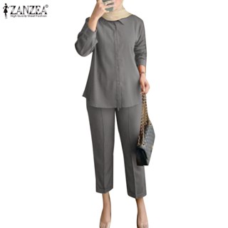 ZANZEA Women Muslim Casual Loose Long Sleeve Beach Tops+ Elastic Waist Pants Sets