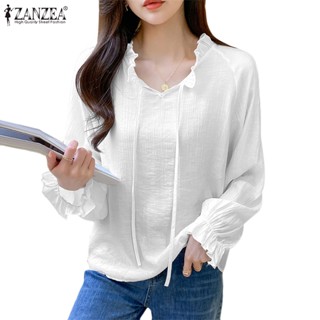 Zanzea เสื้อท็อปส์ แขนยาว ทรงหลวม แบบผูกเชือก สีพื้น แฟชั่นเกาหลี สําหรับผู้หญิง