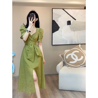 2022 summer new advanced sense design sense niche temperament square collar waist bubble sleeve dress women