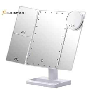 Trifold Makeup Mirror with 22 LED Lights,10X/3X/2X Magnification Portable Fold Lighted Table Desk Cosmetic Mirror,White