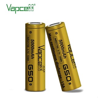 ถ่านชาร์จ 21700 Vapcell 5000mah 15A Max สีทอง 2 ก้อน ฟรีกระเป๋าใส่ถ่าน