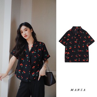 MANSA black cherry print shirt เสื้อลายเชอร์รี่ เสื้อเชิ้ตแขนสั้น เสื้อ