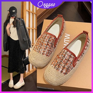 Oeggeo shop รองเท้าโลฟเฟอร์ ผ้าลินิน ส้นแบน สไตล์ชาวประมง สําหรับผู้หญิง