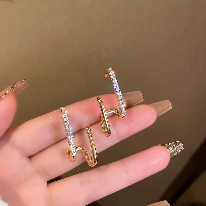 พร้อมส่ง จากไทย ต่างหูเพชรสองชั้น ต่างหู รูปตัว U หรูหรา แฟชั่นเกาหลี เครื่องประดับ สำหรับผู้หญิง AE51