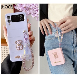 Hoce เคสโทรศัพท์มือถือแบบแข็ง ผิวด้าน กันกระแทก แต่งโบว์ หมีน่ารัก พร้อมสายโซ่คล้อง สําหรับ Samsung Galaxy Z Flip 3 zflip4 5G