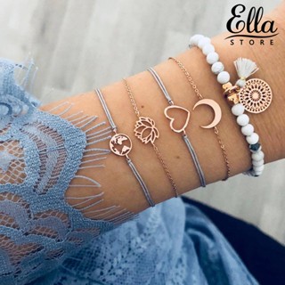 Ellastore123 สร้อยข้อมือ วางซ้อนกันได้ สไตล์โบฮีเมียน ปรับได้ สวยหรู สําหรับผู้หญิง ชายหาด 5 ชิ้น