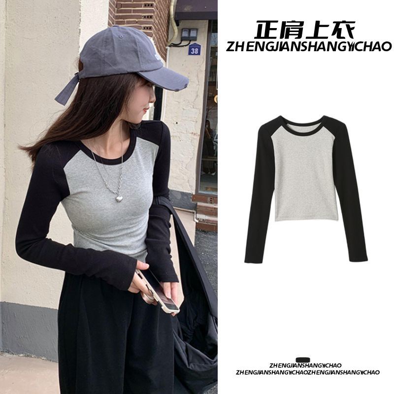 2023 ใหม่ด้านหน้าไหล่เสื้อยืดผู้หญิงแขนยาวฤดูใบไม้ร่วงSlim-Fit SlimmerดูBottomingเสื้อผู้หญิง