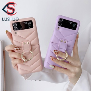 Lushuo เคสโทรศัพท์มือถือหนัง สีพื้น พร้อมแหวนขาตั้ง สําหรับ Samsung Galaxy Z Flip 3 5G and Z Flip 4 Z Flip3 ZFlip3 ZFlip 3 Z Flip4 ZFlip 4