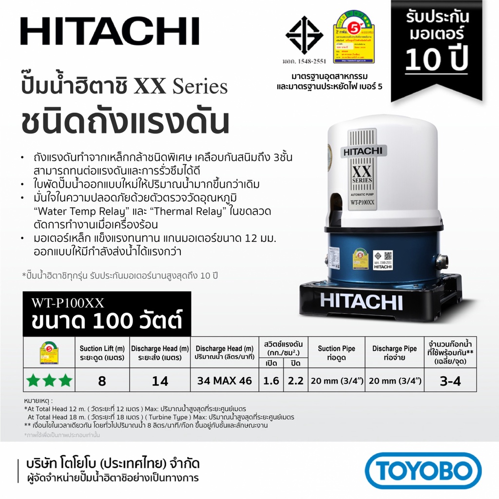 GlobalHouse HITACHI ปั๊มน้ำอัตโนมัติ 100W รุ่น WT-P100XX สินค้าของแท้คุณภาพดี