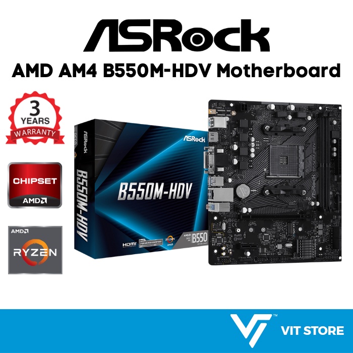 เมนบอร์ด ASRock B550M-HDV รองรับ Ryzen 3000 4000 5000 G-Series AMD AM4 DDR4 4733+ PCIe Gen4 x4 SATA3