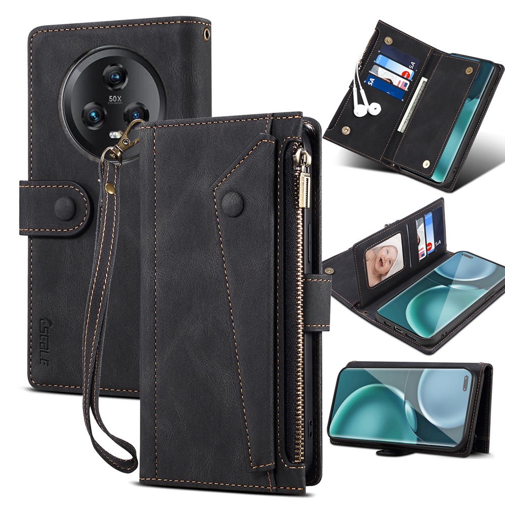เคสโทรศัพท์หนัง ฝาพับ พร้อมช่องใส่บัตร และสายคล้อง มีซิป หรูหรา สําหรับ Huawei Honor Magic 5 Pro Magic6 Lite X9B