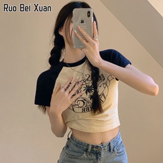 RUO BEI XAUN เสื้อยืดผู้หญิงเกาหลีใหม่พิมพ์ตัวอักษรแขนสั้นสลิมฟิตปุ่มท้องสั้นด้านบน