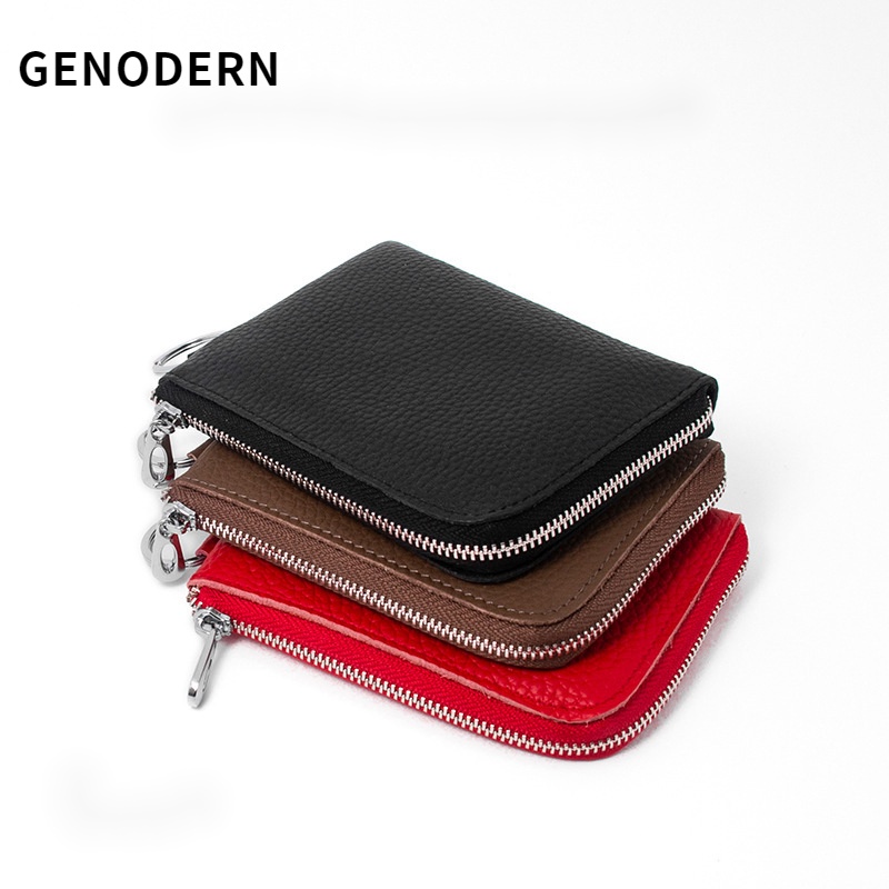 Genodern กระเป๋าใส่เหรียญ หนังวัว มีซิป ขนาดเล็ก พร้อมพวงกุญแจ