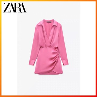 Zara ชุดเดรสสั้น ผ้าซาติน ผ้าไหม TRF แฟชั่นฤดูร้อน สําหรับผู้หญิง