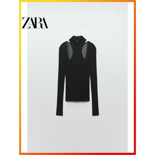 Zara ใหม่ เสื้อยืด คอสูง โปร่งแสง สีดํา สําหรับผู้หญิง 0264302 800