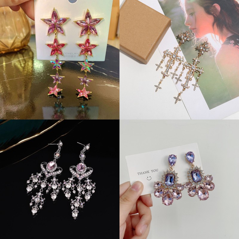 1 Pair New Korean retro baroque pink crystal Pink love tassel earrings Long temperament sweet silver