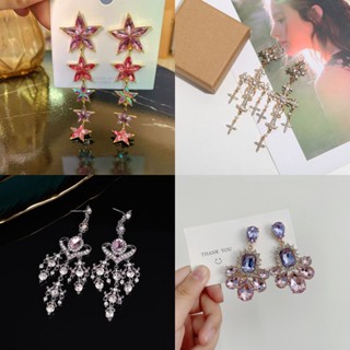 1 Pair New Korean retro baroque pink crystal Pink love tassel earrings Long temperament sweet silver needle earrings