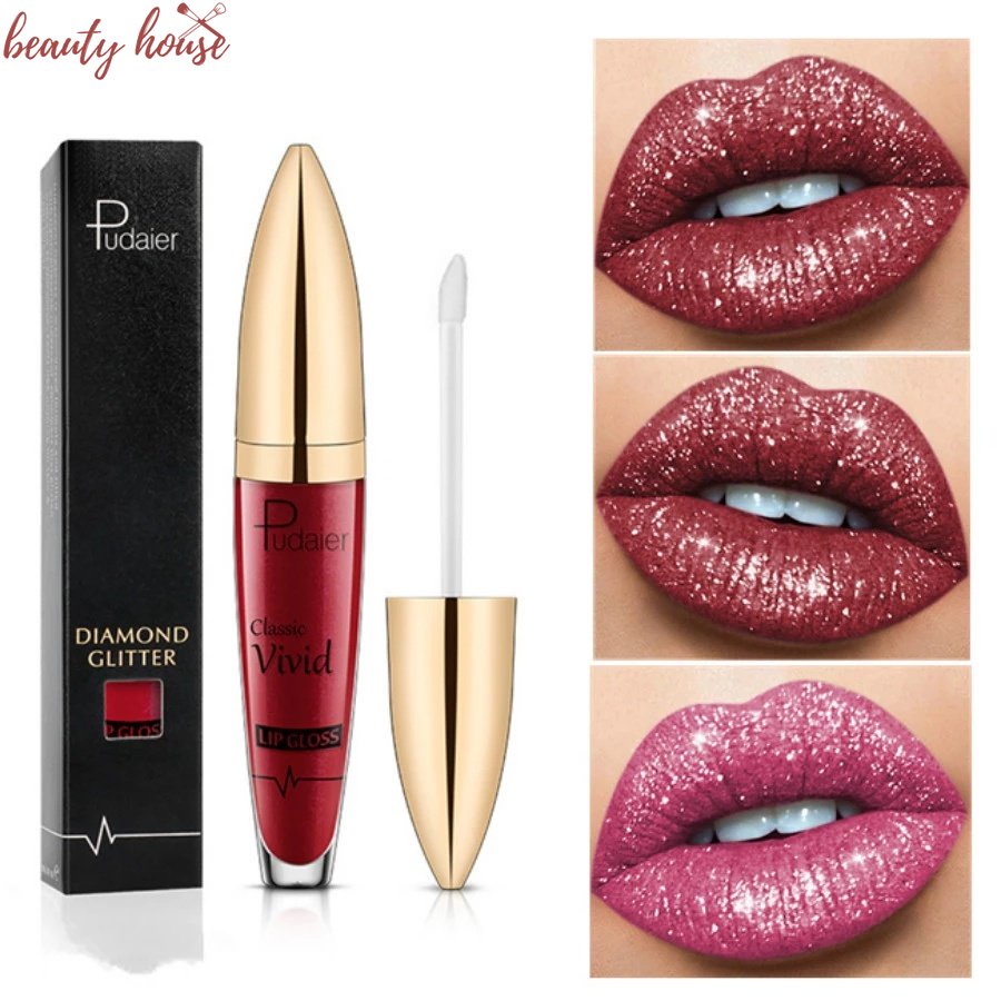 กันน้ํา Pudaier Diamond Glitter Liquid Lip Gloss Delicate Pearl Shimmering Lip Gloss ติดทนนาน Smooth กันน้ํา Non-stick Cup Lip Tint