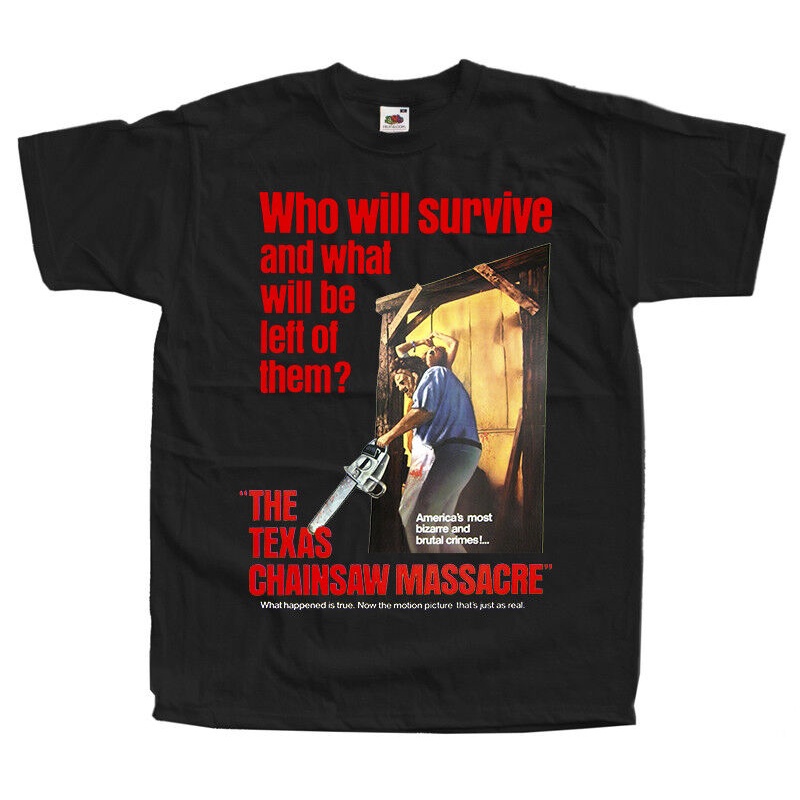 oversize T-shirt เสื้อยืดแขนสั้น พิมพ์ลายโปสเตอร์ภาพยนตร์ The Texas Chainsaw Macre V1 สวมใส่สบาย สีดํา สําหรับผู้ชาย S-5