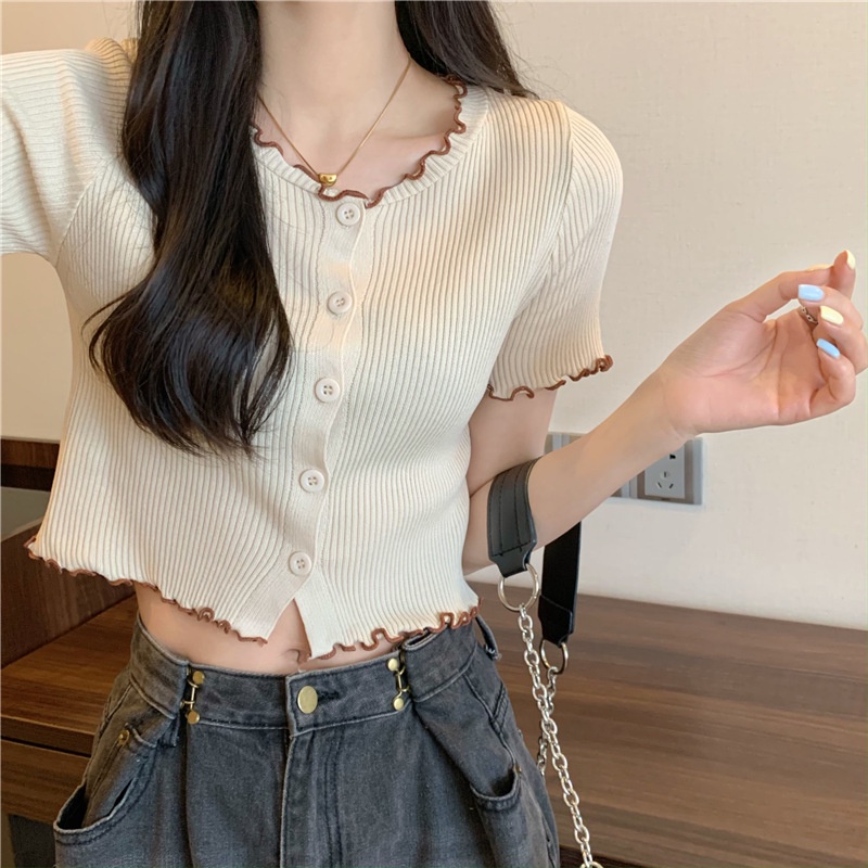 เสื้อยืดคาร์ดิแกน แขนสั้น ผ้าถัก แต่งหูไม้ สําหรับผู้หญิง【3065】