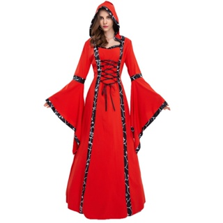 [New in stock] Medieval performance costume retro hooded dress color matching long sleeve lace-up trumpet sleeve big skirt Halloween quality assurance 1ETO