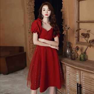ชุดเดรสเพื่อนเจ้าสาว แขนพัฟ คอวี สีโปร่งใส สีแดง สไตล์แฟรี่