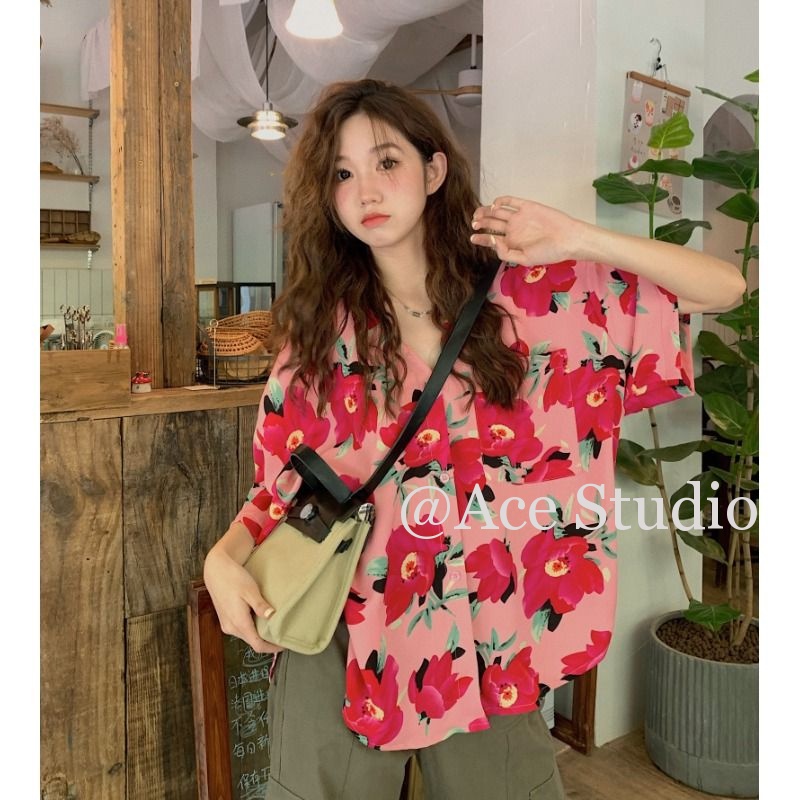 Ace Studio เสื้อผู้หญิง ฮาวายหญ เสื้อแฟชั่นผู้หญิง ชุดสงกรานต์2566 ลายดอก Stylish Beautiful Chic สไตล์เกาหลี A25K0KP 37Z230910