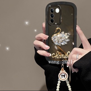 Fashion Casing เคส VivoV27 VIVO V27e V27 Pro 5G Y02A Phone Case Elegant Luxurious Rhinestone Swan Pearl Lanyard Lens Protection Solid Color Transparent Soft Case เคสโทรศัพท