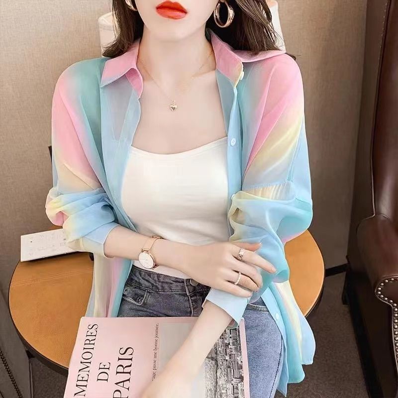 เสื้อคาร์ดิแกนแขนยาว ผ้าชีฟอง แบบบาง ทรงหลวม สีรุ้ง แฟชั่นสําหรับสตรี ราคา ถูกที่สุด ดีลบีเคเค แกลเลอรีภาพที่ 2